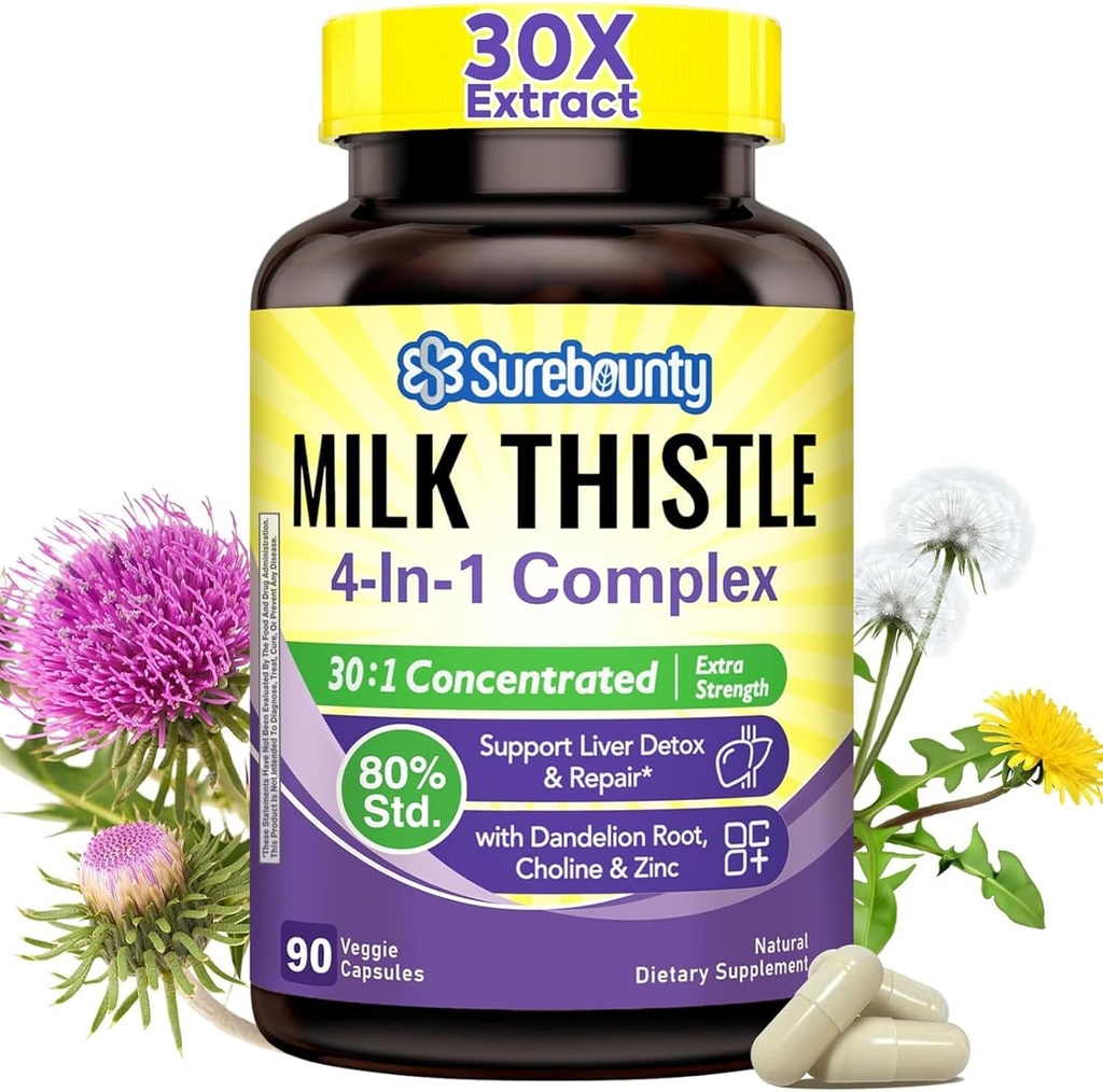 4-in-1 Milk Thistle Complex, 9000 mg Strength, 30X Concentrated Seed Extract, with Dandelion, Choline, Zinc, Fatty Liver supplements, Liver Support, Non-GMO, 90 Veggie Caps, 3 Month Supply Supply