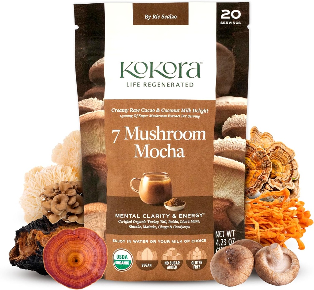 7 Gobe Mocha - Organski adaptogeni goba v prahu - Vključno s Turčijo rep in lev Mane - Energize & spodbuja mentalno jasnost* - Vegan, Gluten brez, brez dodanega sladkorja - 20 Serving - 120g