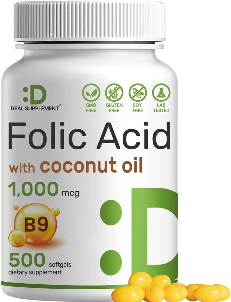 Acide folique 1000 mcg (1 mg), 500 softgels d'huile de coco Biodisponible Vitamines prénatales (Vitamine B9) – 1,667 mcg DFE – Facile à avaler, non OGM et sans gluten