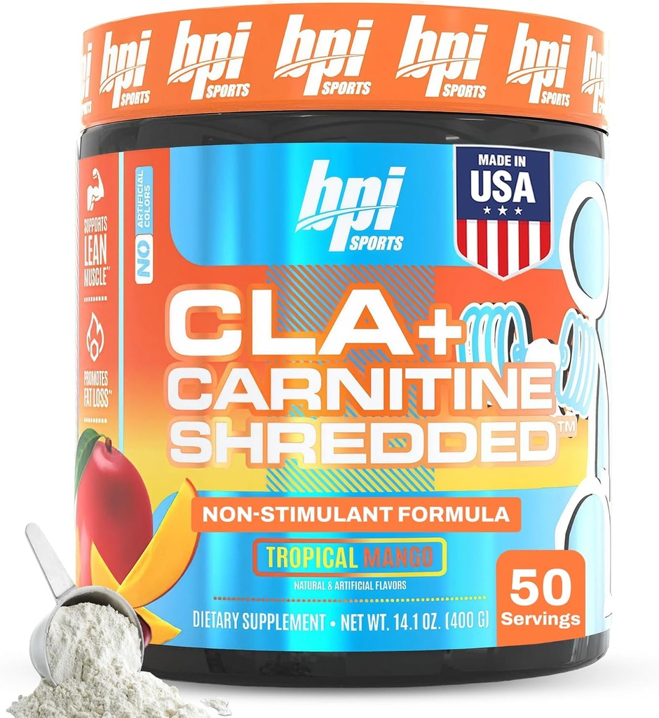 BPI Kirolak CLA + Carnitine Shredded - Bihurtu gelaxka lodiak energian eta onartzen du Lean Muscle, Bultzatu Metabolismoa - L-Carnitine osagarria - Mango tropikala (14.1 oz. / 50 zerbitzu)