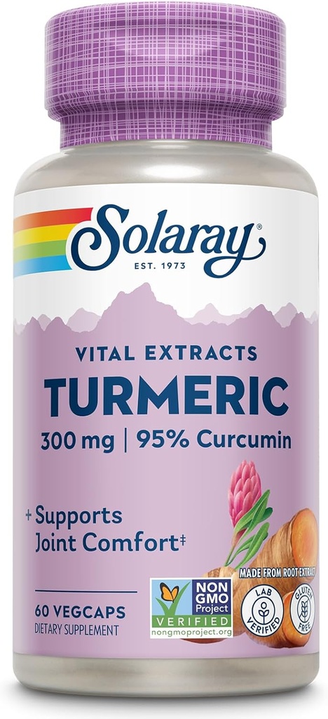 SOLARAY Kurkuma dodatek 300 mg - Kurkuma korenski ekstrakt s 95% Curcumin - Skupna podpora dodatek za skupno zdravje in udobje - Non-GMO, Vegan, Gluten brezplačno, 60-dnevno garancijo, 60 Servings