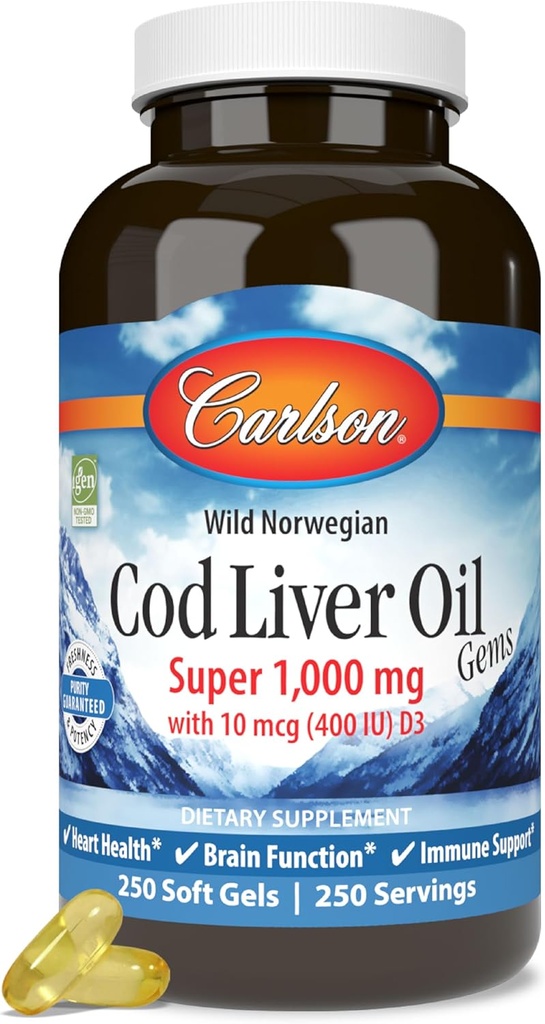 קרלסון - Cod Liver Oil Gems, Super 1000 מ"ג, 250 מ"ג אומגה 3s, 400 IU (10 mcg) ויטמין D3, Wildתפסה את Norwegian Arctic Cod Liver Oil, Nordic Fish שמן קפסולות, 250 Softgels