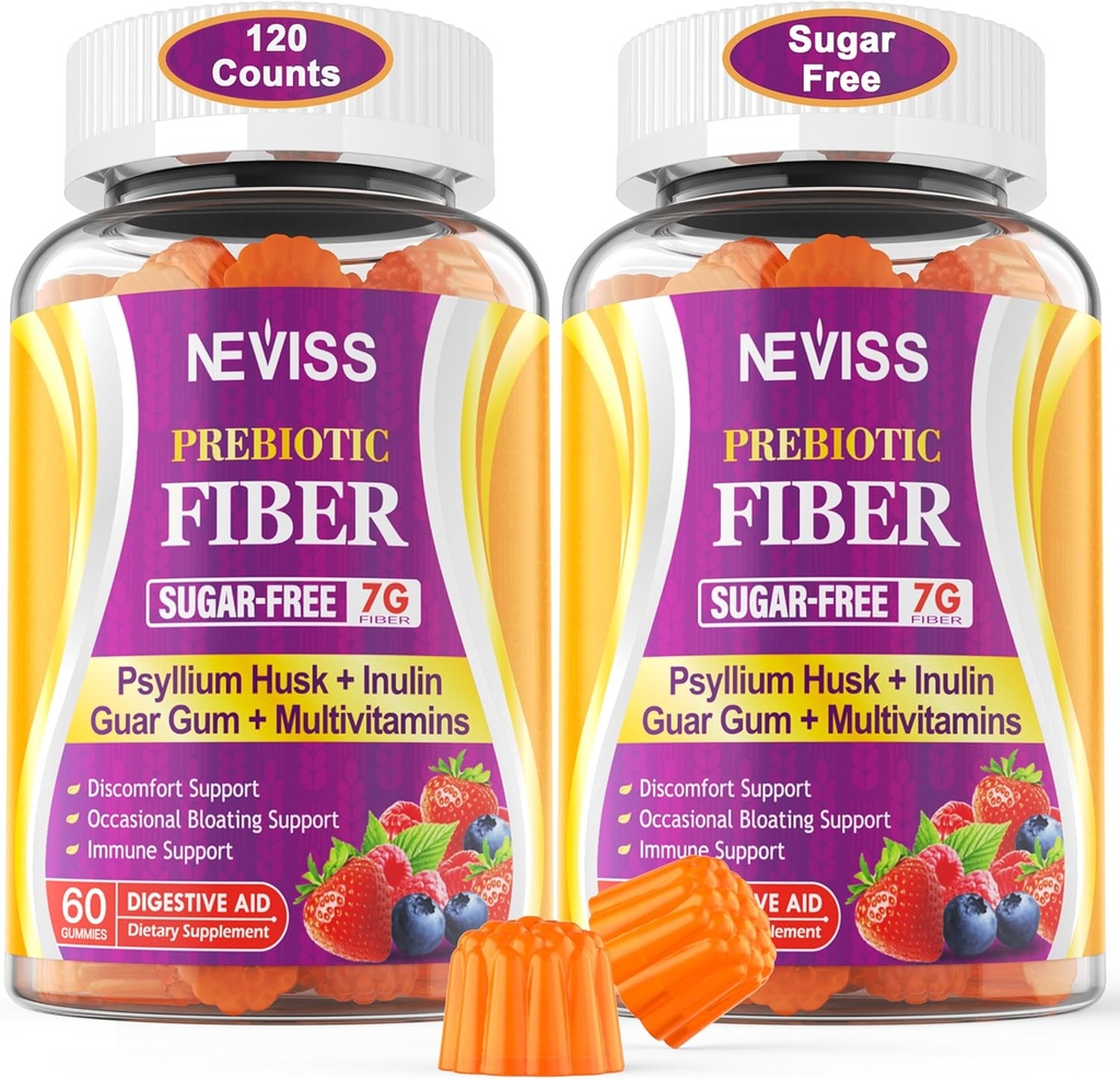 Fiber Gummies för vuxna med Psyllium Husk, 7G (Soluble + Insoluble) Daily Prebiotic Fiber med Inulin, FOS, Guar Gum, Multivitaminer för daglig Digestive Health, Regularity Support, Sugar Free, Pack of 2