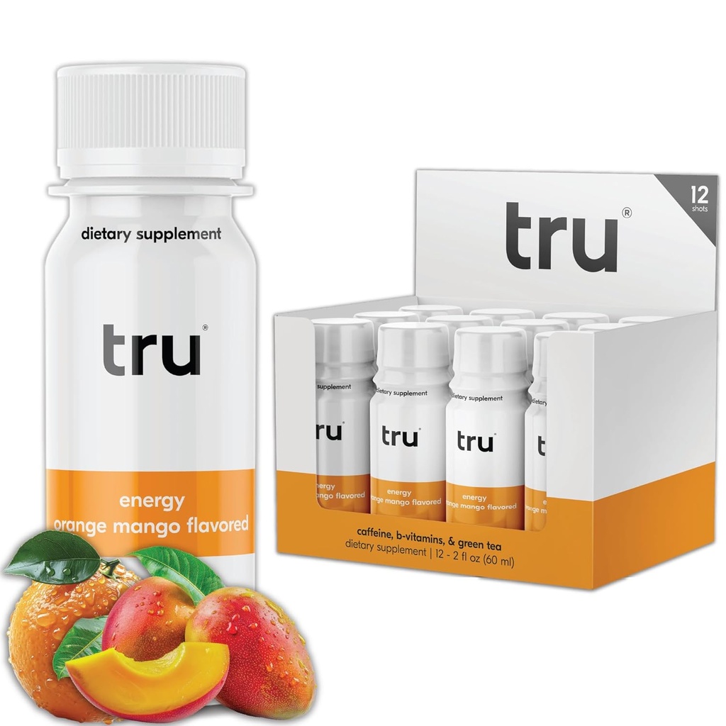 Tru Energy Shot, Ekstra Siła Napoje energetyczne z naturalną kofeiną, Zielona herbata, B Witaminy B3, B6 & Witamina B12, Zero cukru i kalorii, Keto, Wegan, Gluten Free, Pomarańczowy Mango, 2 FL butelek OZ, 12 Pack