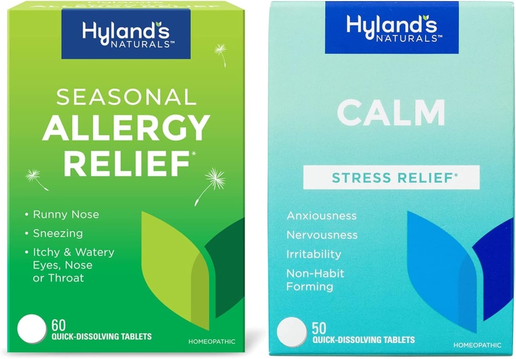 Bundle of Hyland's Indoor and Outdoor, Non Drowsy Seasonal Allerage Relief Pills 60 CT and Calm Tablets, Natural Relief of Anxiousness, Nervosness, Stress, and Iritable 50 CT