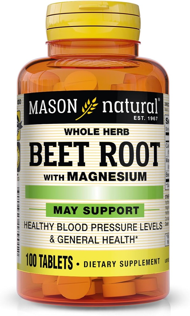 MASON NATURAL Beet Root עם Magnesium ו Calcium - לחץ דם בריא, לשמור על בריאות כוללת, 100 טבליות