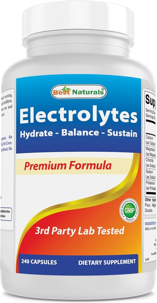 Best Naturals Electrolites Hydrate- Balance- Sustain Premium Forma 240 kapszula. Glutén mentes és nem GMO.
