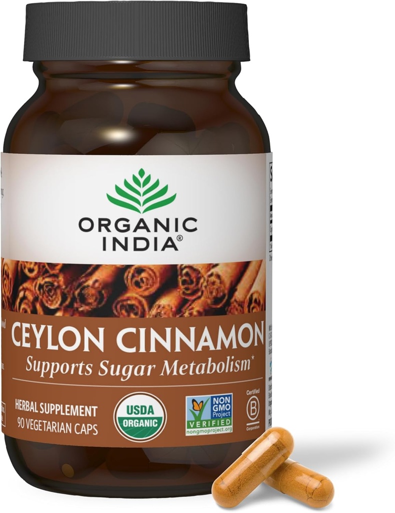 Organic INDIA Ceylon Cinnamon Suplemen - Organik Ceylon Cadales, Cinnamon Pil Herbal Suplemen, Dukung Ditrable, Sumber Antioksidan, USDA Organik, Vegan, Gluten- 90 Capsules