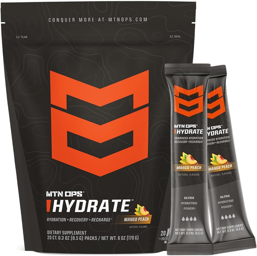 MTN OPS Hydrate Electrolytes Powder Beure, 20 simples Serving On-Go Electrotecks amb més de 1000mmg d'Electrolytes per Serving, Mango Peach
