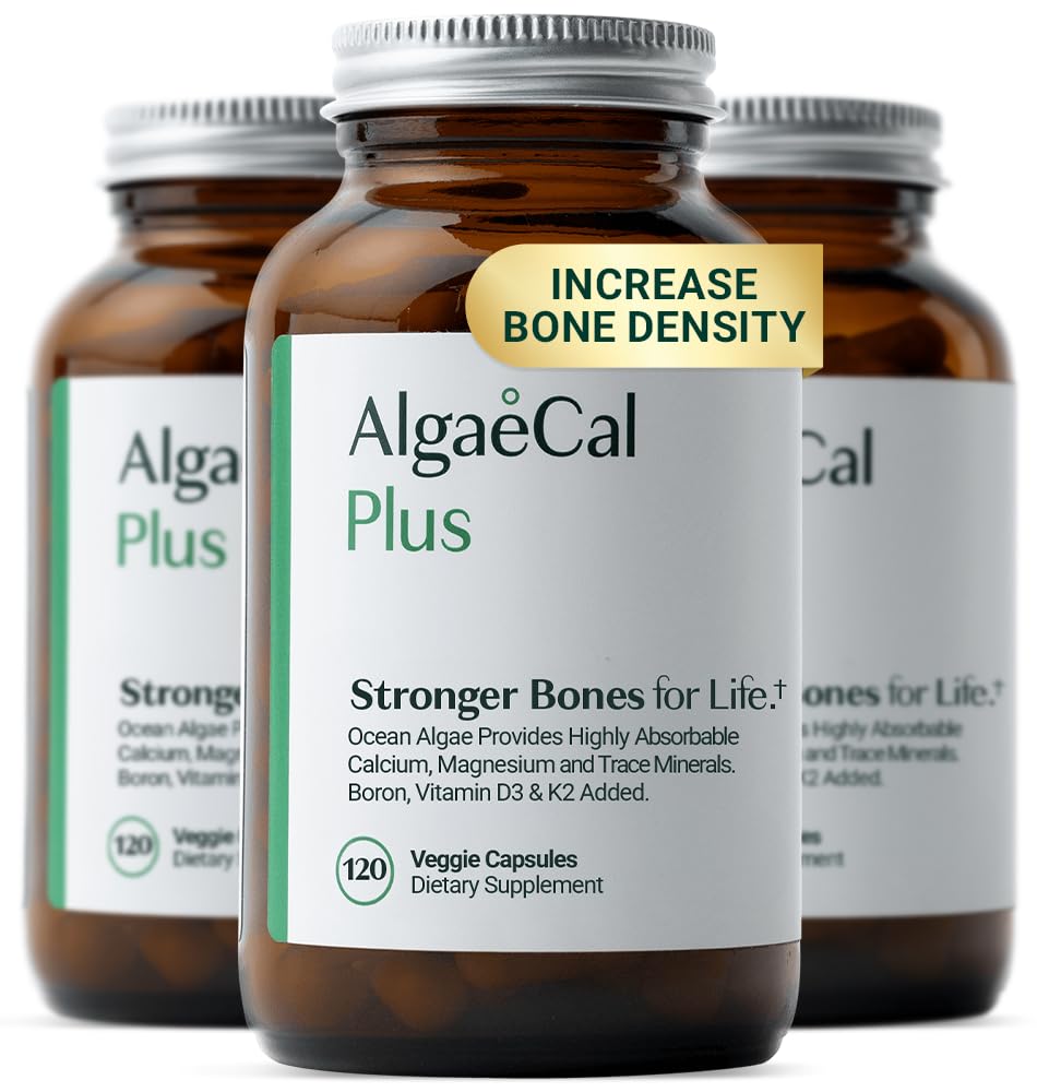 ALGAECAL Organic Red Algae Calcium Supplement for Bone Density & Strength, Vitamin K2 MK7 (100mg), Vitamin D3 (1600 IU), Magnesium (350mg) & Trace Minerals, Easy to Swallow, 120 Veggie Caps, 3 Packs