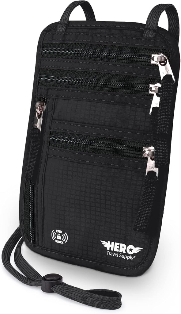 Carteira de pescoço HERO, Suporte de passaporte de bloqueio RFID - Fácil de esconder e Pouch