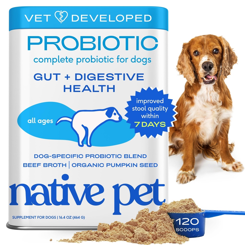Native Pet Probiotics for Dogs – Dog Probiotic Powder for Gut & Digestive Health, Vet-Formulated 6B CFUs Dog-Specific Probiotic Strains, Supports Stool Quality & Diet Transitions – 120 Scoops
