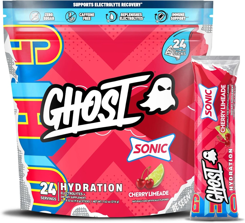 GHOST Hydration Packets, Sonic Cherry Limeade, 24 Sticks, Elektrolyt-Pulver - Getränke-Mix-Ergänzung mit Magnesium, Kalium, Calcium, Vitamin C - Vegan freundlich, frei von Soja, Zucker & Gluten