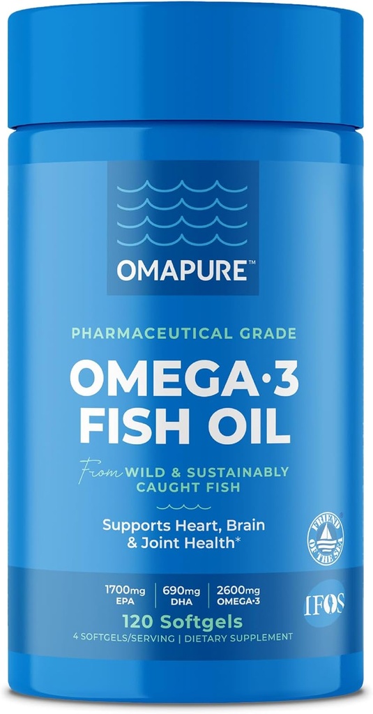 OMAPURE žuvų taukų papildai su Omega 3 riebalų rūgščių (1 butelis, 120 Softgels) - High EPA, DHA, & IFOS žuvų taukai Palaiko širdies & Bendra Sveikata - Burpless žuvų taukai skatina smegenų funkcija