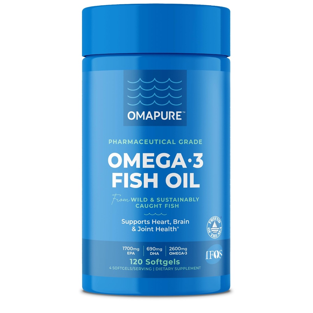 OMAPURE Fish Oil Supplements with Omega 3 Fatty Acids (1 Bottle, 120 Softgels) - High EPA, DHA, & IFOS Fish Oil Pills Support Heart & Joint Health - Burpless Fish Oil Promotes Brain Function