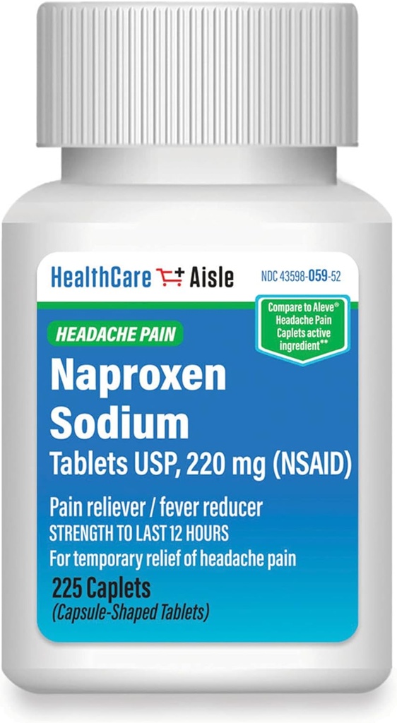 HealthCareAisle Naproxen Sodium, 220 mg - 225 caplets - Reliever dor de cabeza, ata 12 horas de alivio
