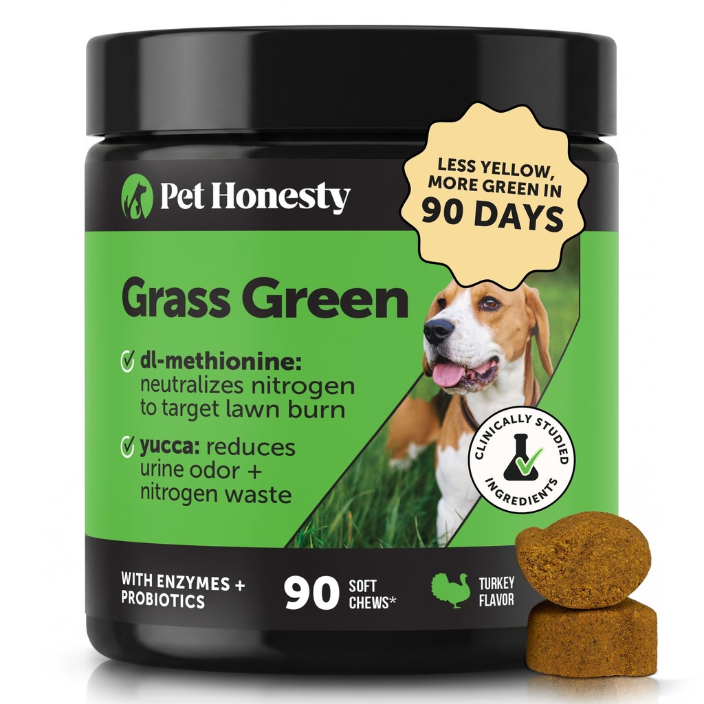 Grass Green Dog Urine Neutralizer for Lawns - Stops Yellow Burn Spots & Brown Grass - Lawn Saver Supplement with dl-Methionine, Probiotics & Digestive Enzymes - Green Grass Chews (Turkey, 90 Ct)