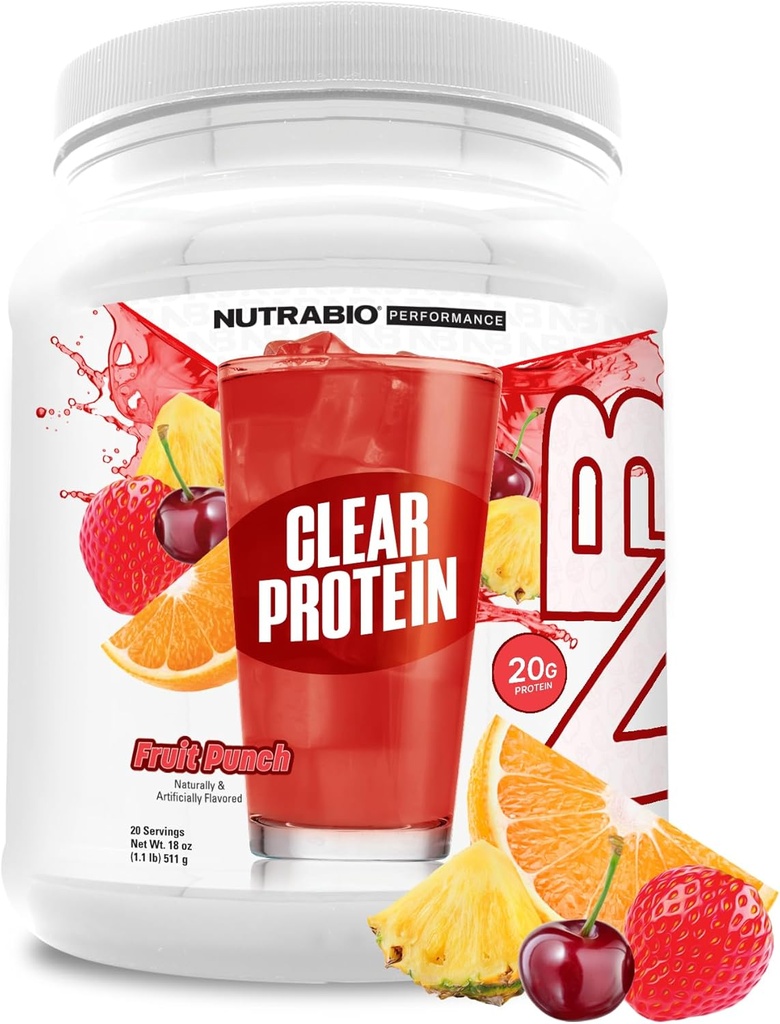 NutraBio clar praf de proteine, Punch de fructe - 20 Serviri, 20g Clear Whey Proteina Izolat, 0 Zahăr, 0g Lactoză, arome de fructe revigorante, suport GLP1 - sanatate osoasa - musculare post antrenament recuperare