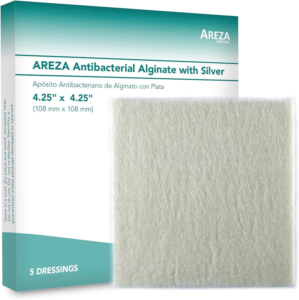 Areza Silver Calcium Alginate Antibacterial Wound Dressing Pads - Sterile, Non-Stick, Highly Absorbent; para a drenaxe de feridas e risco de infección (4.25,4.25′′, 5-Pack por caixa), 1 Box