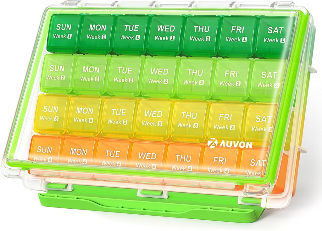 AUVON Moisture- Proviously Pill Organizer, Lary 28 Days Pill Box Case with Removable 4 Weeks Mediks Mediaction Rows, Traveling to Store Fish Oils, Vitamin, Suplemen, Medications
