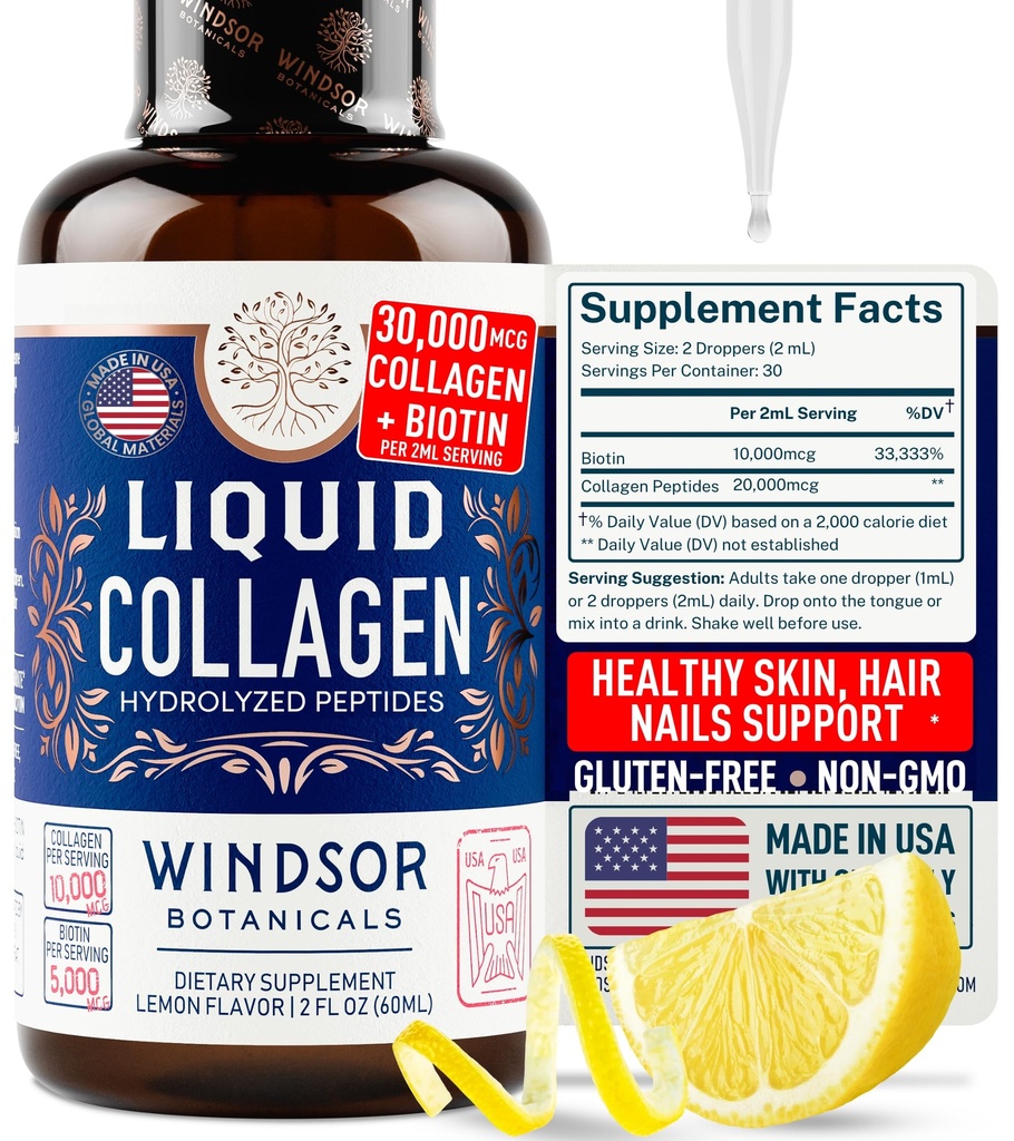 Liquid Collagen for Women and Men with Biotin - 30,000mcg Hydrolyzed Collagen Liquid Peptides Supplement plus Biotin for Hair, Skin, Nail Support - Sublingual Drops or in Drinks - Natural Lemon, 2 oz