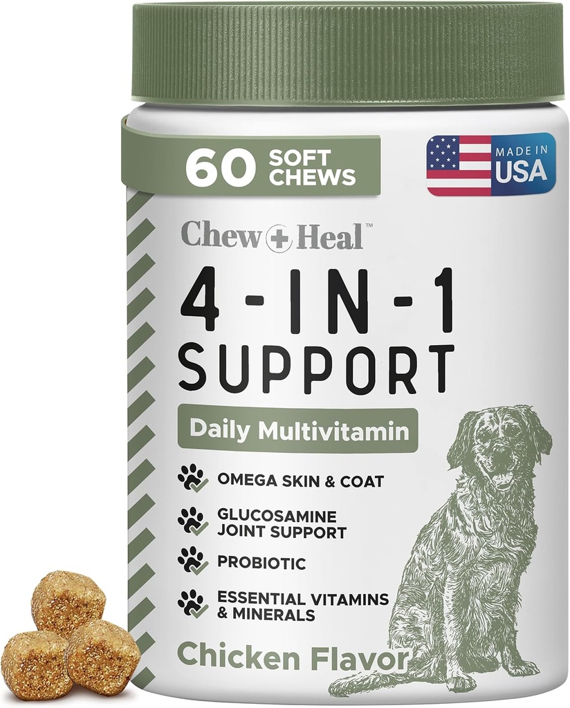 All in 1 Dog Vitamins and Supplements, 60 Soft Chew Multivitamins with Glucosamine, Probiotics, Omega Fish Oil -for Skin, Coat, Hip, Joint & Gut Health -Senior, Puppy, Big & Small Dogs