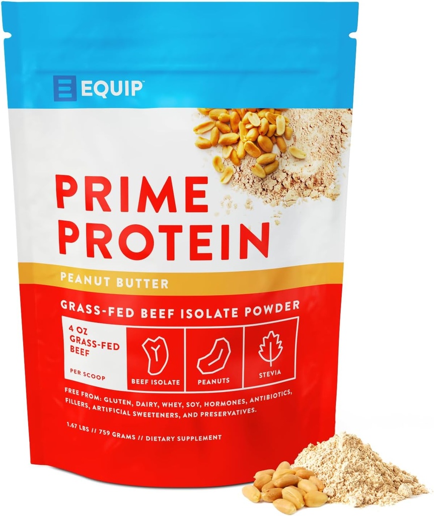 Equip Foods Prime Protein Powder | Clean, Grass Fed Beef Protein Powder for Women and Men | Carnivore Protein Isolate | Paleo, Keto Friendly | Gluten & Dairy Free | 30 zerbitzari, Peanut Butter