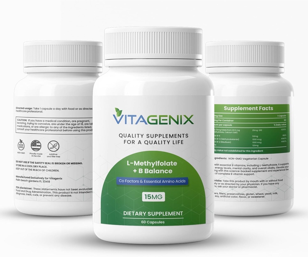 L-Methylfolate + B Balance - Professional Strength Bioactive 5-MTHF Form + B6, B2 & B12 Methylcobalamin B Complex - Supports Mood, Methylation & Cognition - 15mg - 60 Capsules