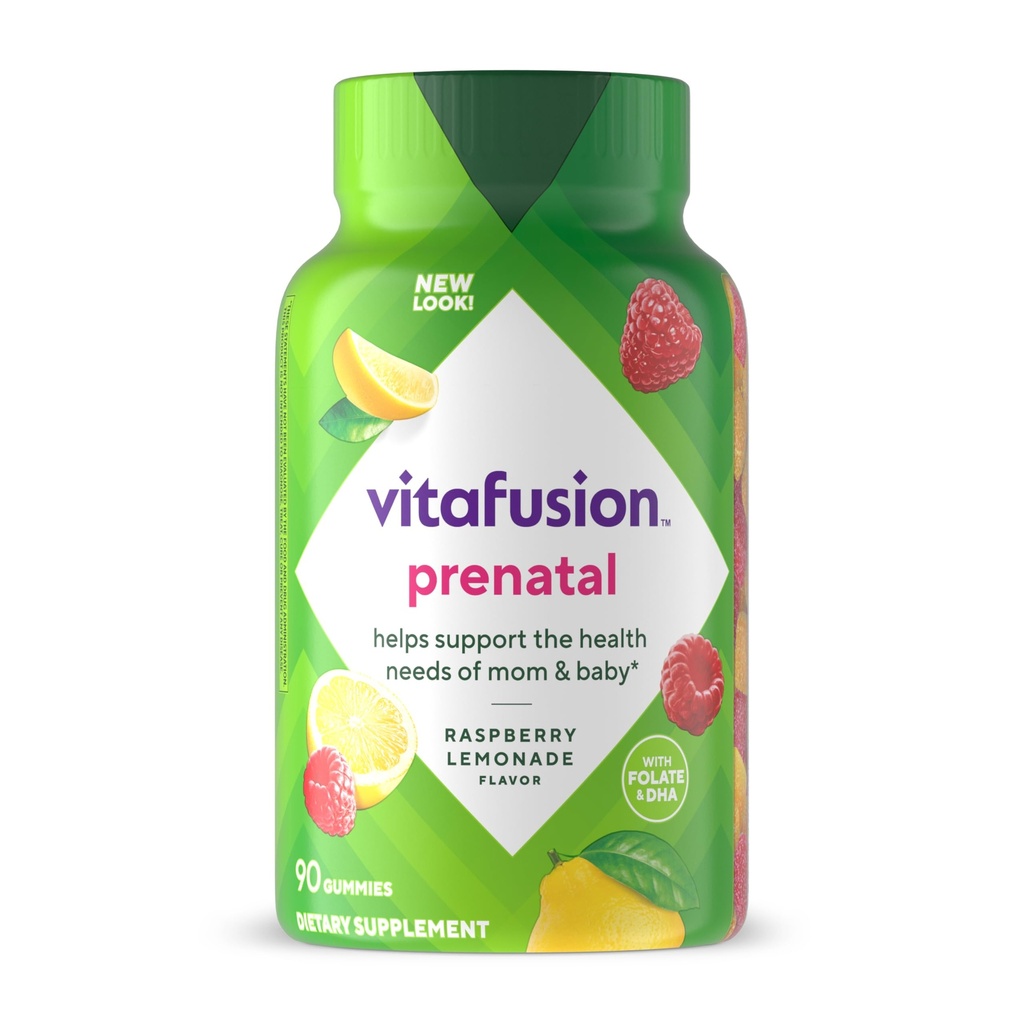 vitafusion PreNatal Gummy Vitamins, Raspberry Lemonade Flavor, Prenatal Vitamin Supplement for Women with Folate and DHA, 45 Day Supply, 90 Count
