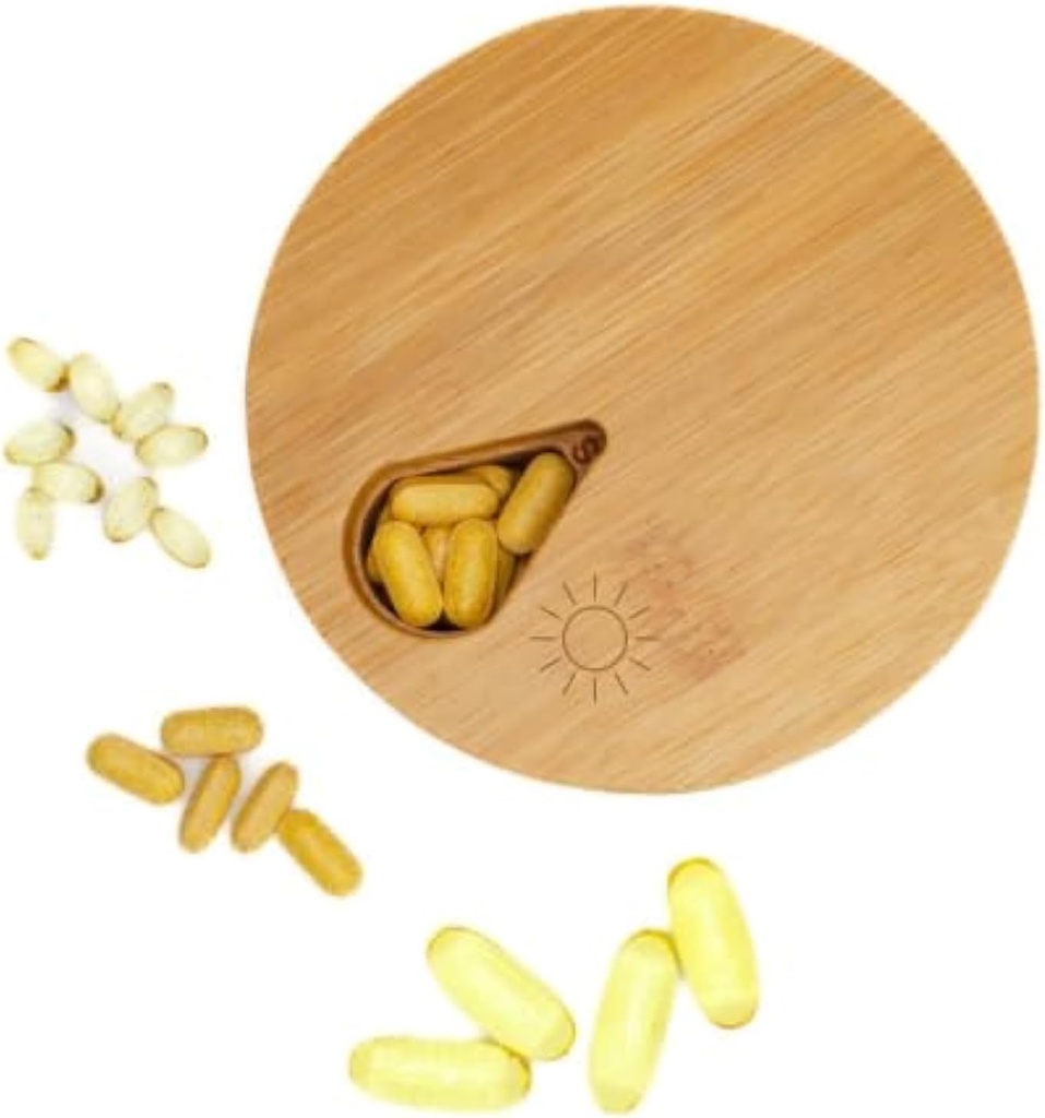 Medicine Organizer Wood Daily Weekly, Travel Pill Organizer and Pill Holder, Vitamin Medicine Pill Organizer Case Box Box Box Box, Pill Box Day, Improved Design with Days of The Week and Solid Wood Lid (Morning)