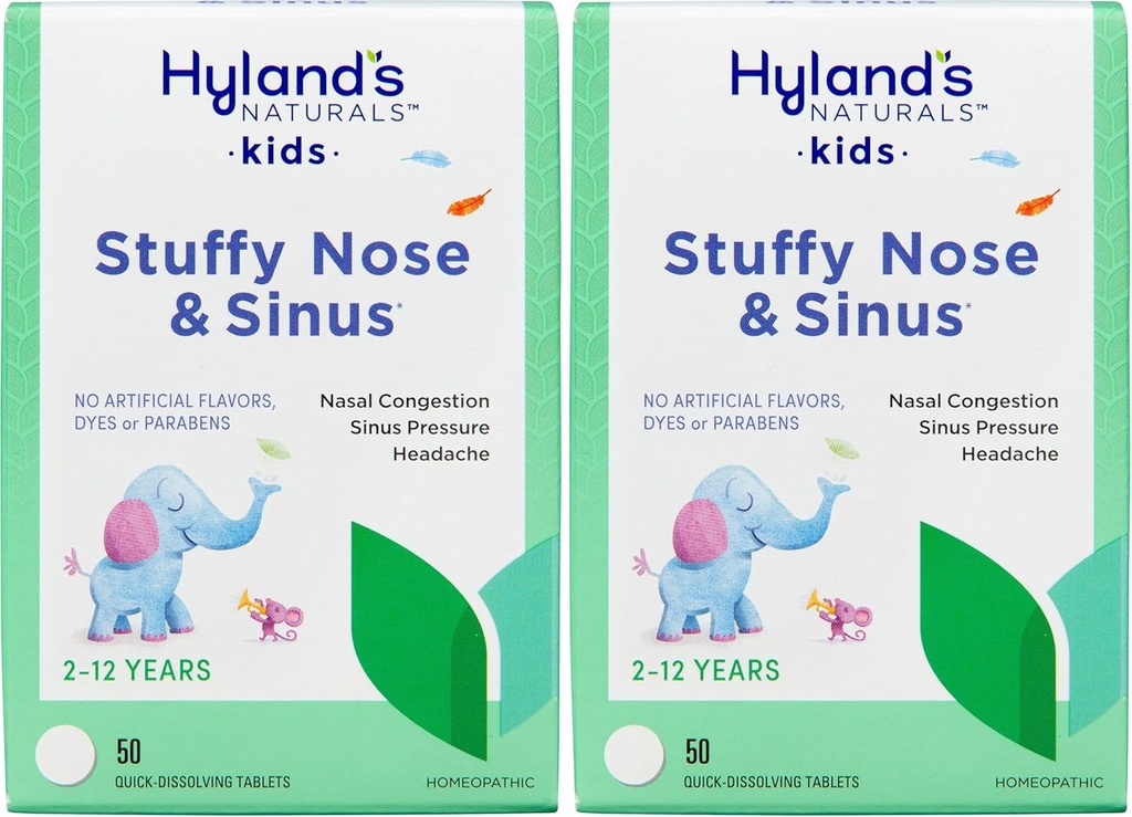 Hyland's Naturals Kids Stuffy Nose and Sinus Tablets, Cold and Allergy Medicine for Children Age 2 and up, Bolesť hlavy Relief and Nasal Decongestant, Quick Dissolving Tablets, 50 Počet (Pack of 2)