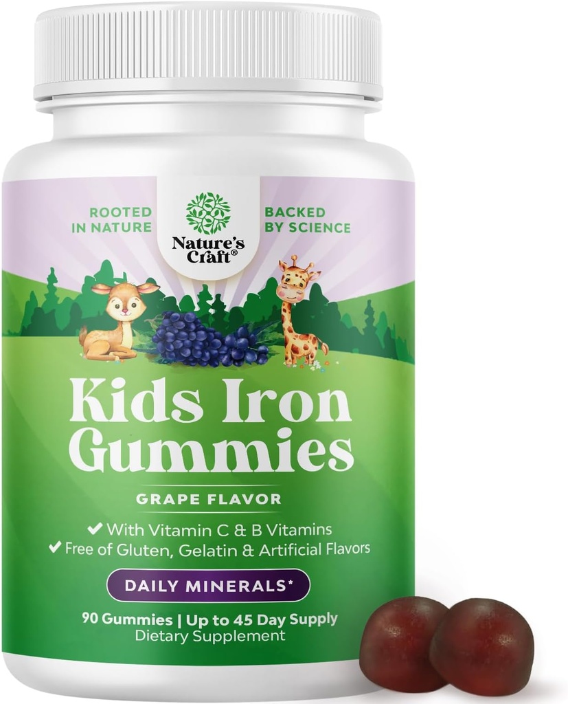 Kids Iron Gummies - Blood Builder Iron Supplements for Kids with Gentle for Stronger Immunity & Energy - Vitamin B12, Folate & Vitamin C Gummies - Vegan GMO & Gluten Free for Toddlers - 90 Count