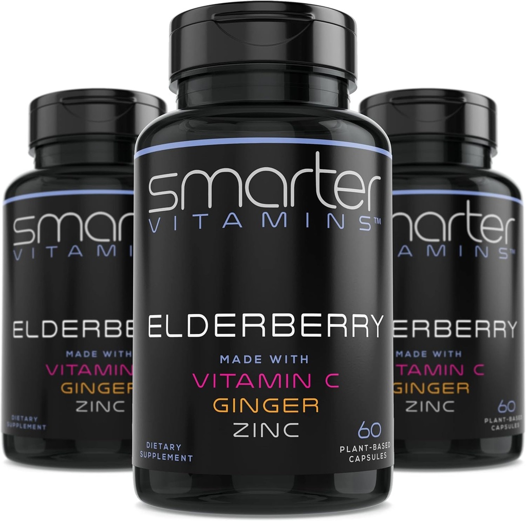 (3 Pack) Smartare Elderberry Capsules + Vitamin C + Ginger & Zink, Herbal Supplement, Kraftfull Black Elder Berry Extract Antioxidant Vitamin, 180 Vegan Pills