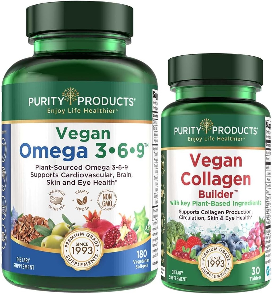 순도 제품 번들 - Vegan Omega 3-6-9 (180 ct) + Vegan Collagen Builder Omega 3-6-9 (1 "식물 기반 오메가 에센셜 지방산) - Vegan Collagen Builder (w / Key Plant 기반 성분)