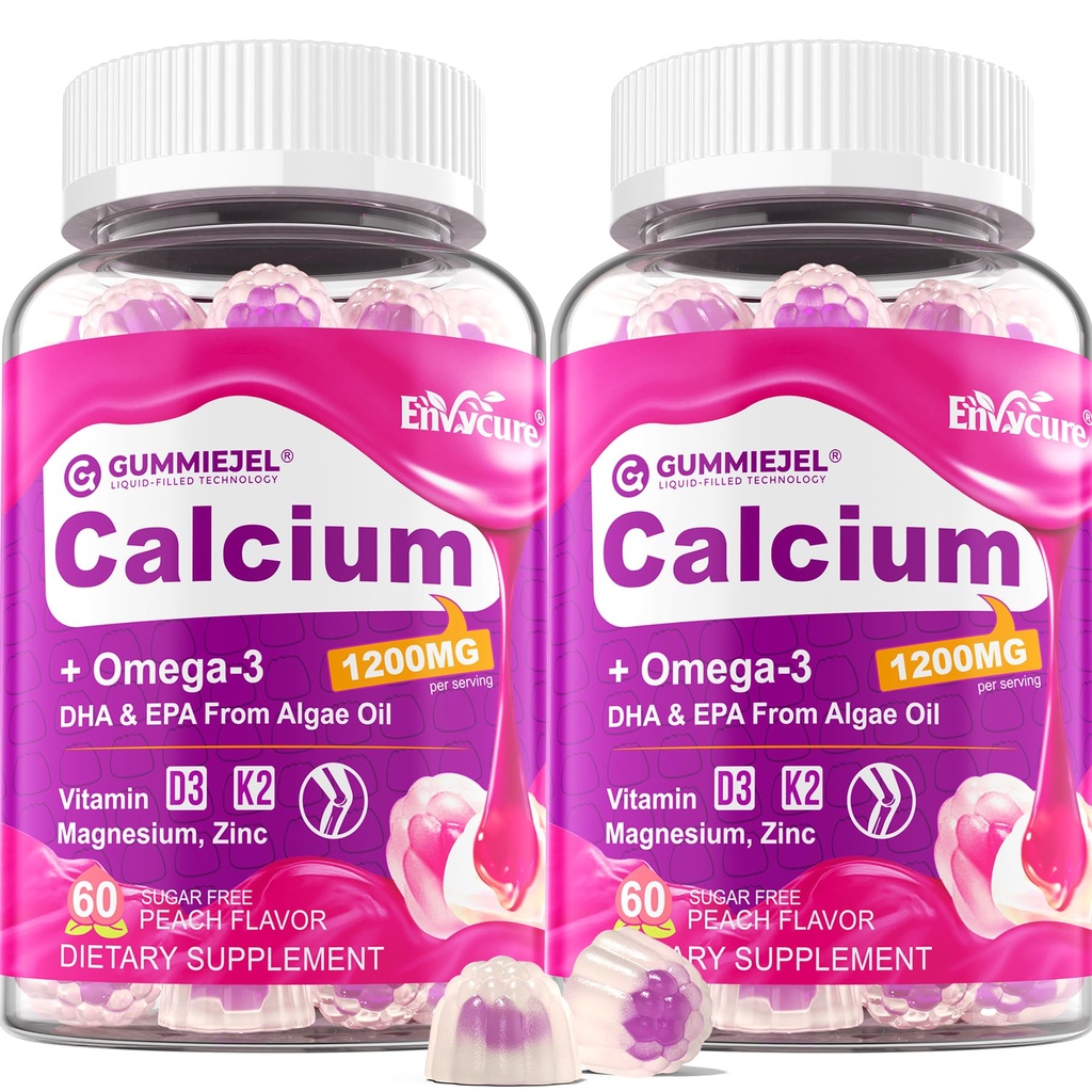 2 Pack - Calcium Citrate 1200mg Gummies, Vitamin D3 K2, Omega-3, Magnesium, Zinc, Boron, Manganese, Copper, 600mg Calcium Supplements for Women & Men Bone Strength, Immune Support - Vegan, Sugar Free