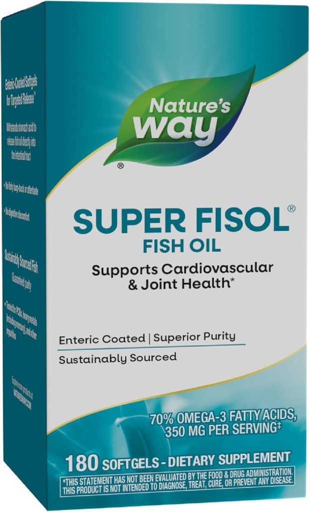 Nature's Way Super Fisol Fish Oil, Enteric Coated, תומך Cardiovascular and Joint Health *, Mega Potency אומגה 3, 180 Softgels (Packaging May Vary)