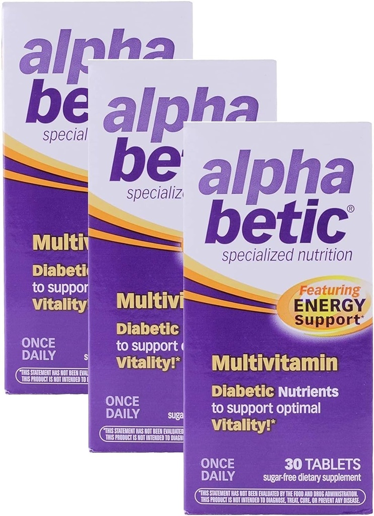 Alpha Betic En gang daglig Multivitamin for diabetikk, Glutenfri, Sukkerfri, utvidet energi kosttilskudd, 30 tabletter (3 pakke)3