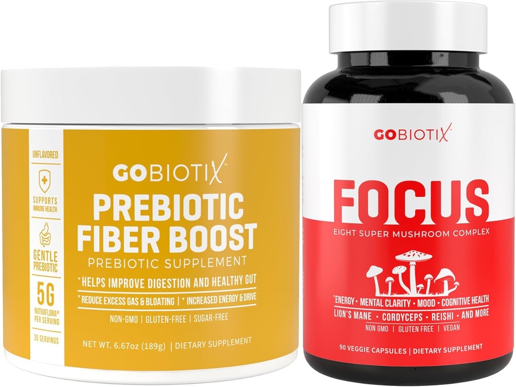 GOBIOTIX Brain & Gut Wellness Bundle: Focus Mushroom Complex 90 Capsules + Fiber Supplement 35 Servings