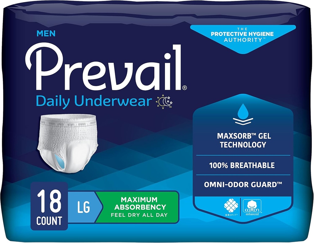 Prevail Independency Apsauginiai apatiniai vyrams, Maksimalus Absorbency, Didelis, 18 Skaičiavimas