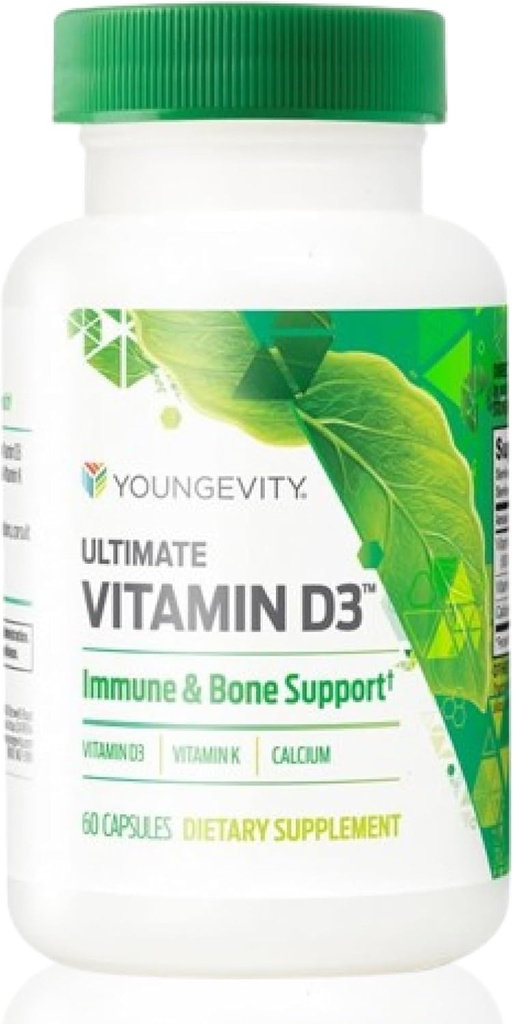 Youngevity Ultimate Vitamina D3 5000 IU con K2 - vitamina D3, vitamina K2, e suplemento de calcio para soporte inmune, densidade ósea e saúde cardíaca - 60 cápsulas