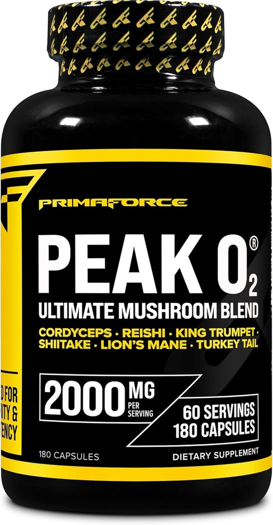 Primaforce Peak O2 Performance Mushroom Powered Oxygen Absorption Booster (180 капсул) (2000 мг на сервировку, 60 сервировок) - Дополнение к спортивным характеристикам, Ultimate Mushroom Blend