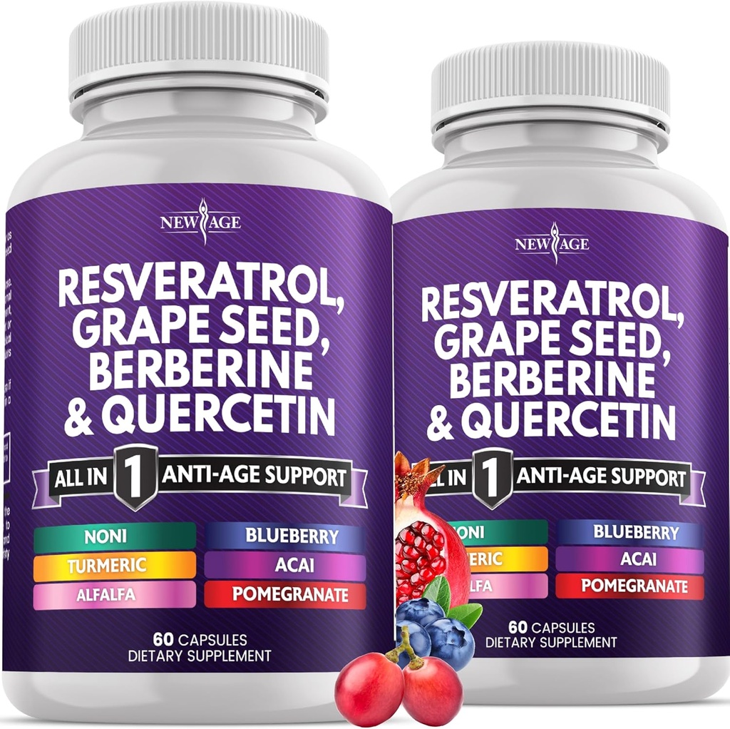 NIEUWE AGE Resveratrol, Berberine, Grape Seed Extract, Quercetin, Polyfenol Supplement voor vrouwen en mannen met Noni Extract, N-Acetyl Cysteine, Acai Extract - 120 Capsules