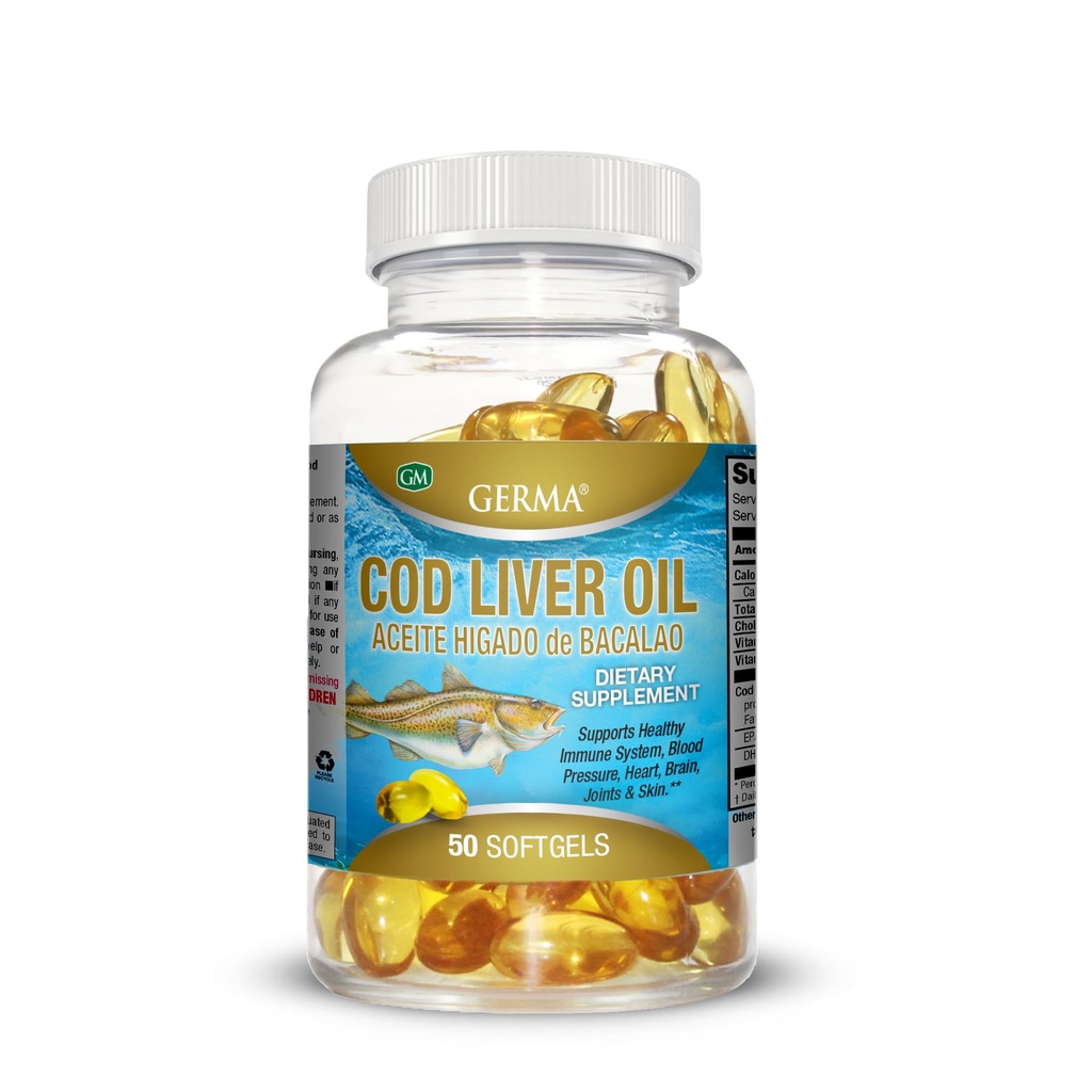 Aceite De Higado De Bacalao Capsules 50's Pure Norwegian Cod Liver Oil GERMA