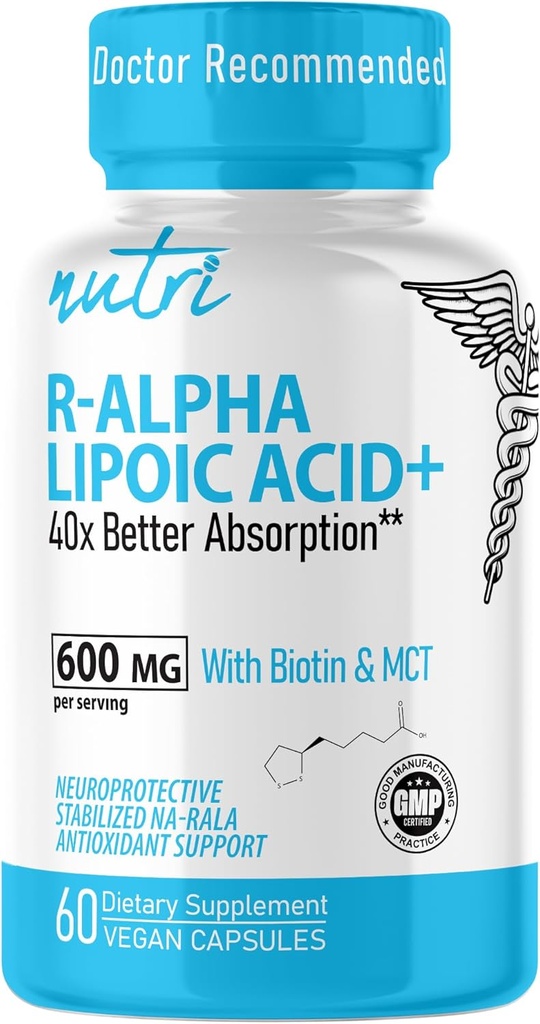 Nutri R Alpha Lipoic Acid 600 mg kapsler - R Lipoic Acid Stabilized with Biotin - Active Form of R- ALA - 600 mg Clinical Dosering - Powerful Cellular Energy Support - 60 Vegan Capsules - RALA