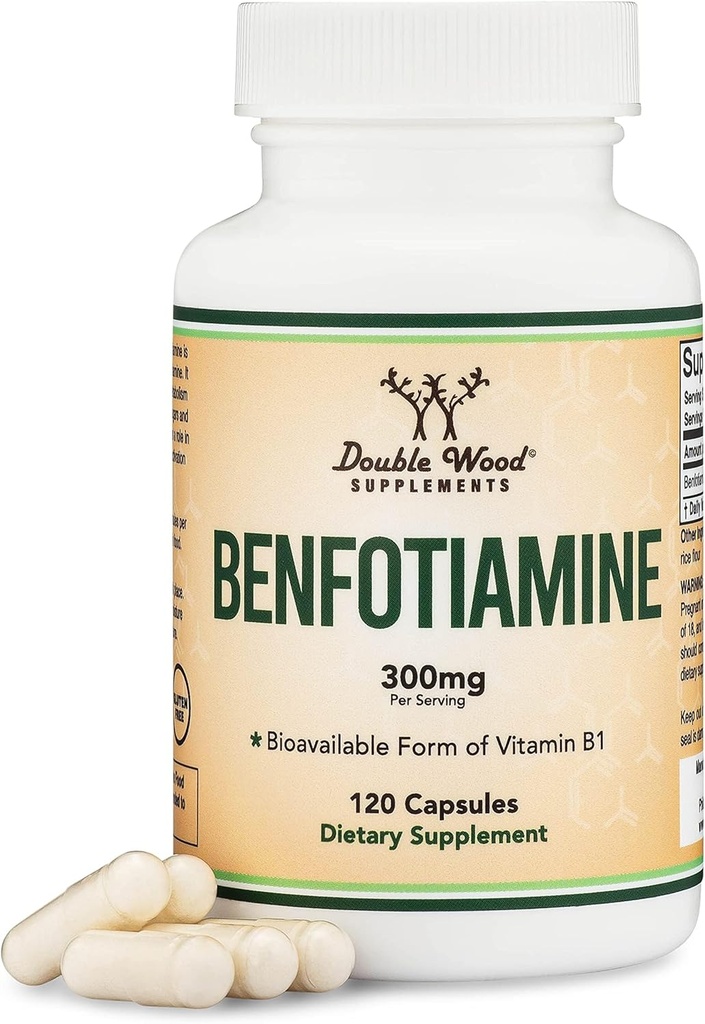 Benfotiamine 300mg porties (Third Party Tested, 120 Capsules, 150mg Per Cap) Non-GMO, to Boost Thiamine B1 Levels (More Absorbable Than Thiamine, Fat Soluble) by Double Wood