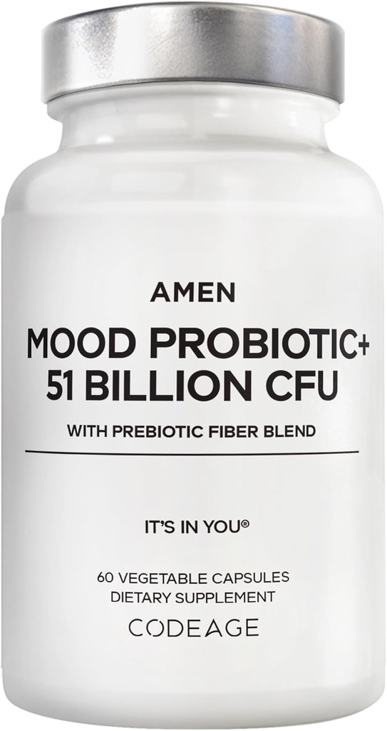 Amen Mood Probiotic Supplement 51 Billion CFU - Prebióticos orgánicos y Probióticos - Acidophilus Probiotic Pills, Fibras - Mood Organic Ashwagandha, Blueberries - Vegan ' Non-GMO - 60 cápsulas