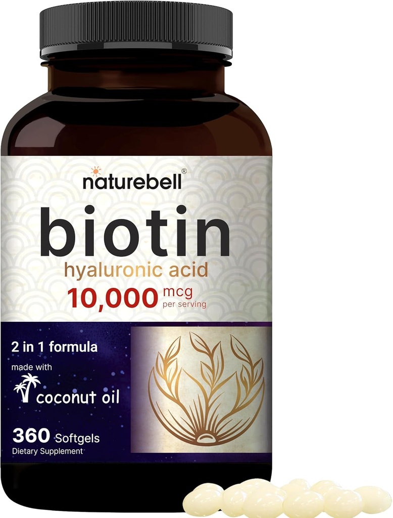 ביוטין 10000mcg + Hyaluronic Acid 25 מ"ג | 360 שמן קוקוס Softgels, Premium Biotin ויטמינים עבור שיער עור וציפורים, גבוהה פורה ו Bioavailable, שחרור מהיר לשחרר