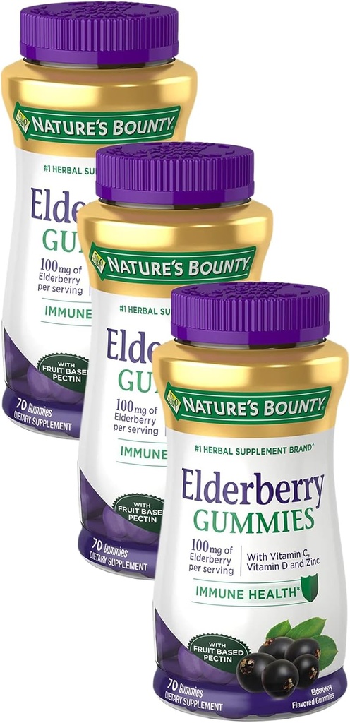 Nature's Bounty Elderberry Gummies, Dietary Supplement, Supports Immune Health, Contains Vitamin A, C, D, E və sink, 100 mg, 70 Gummies (Böyük 3)