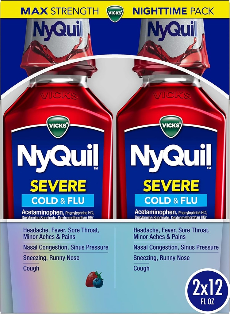 Vicks NyQuil SVERK kulde, influensa, og kongestion medisin, 2x12 fl oz Twin Pack, Berry Flavor, Maksimum styrke, nattetid relief