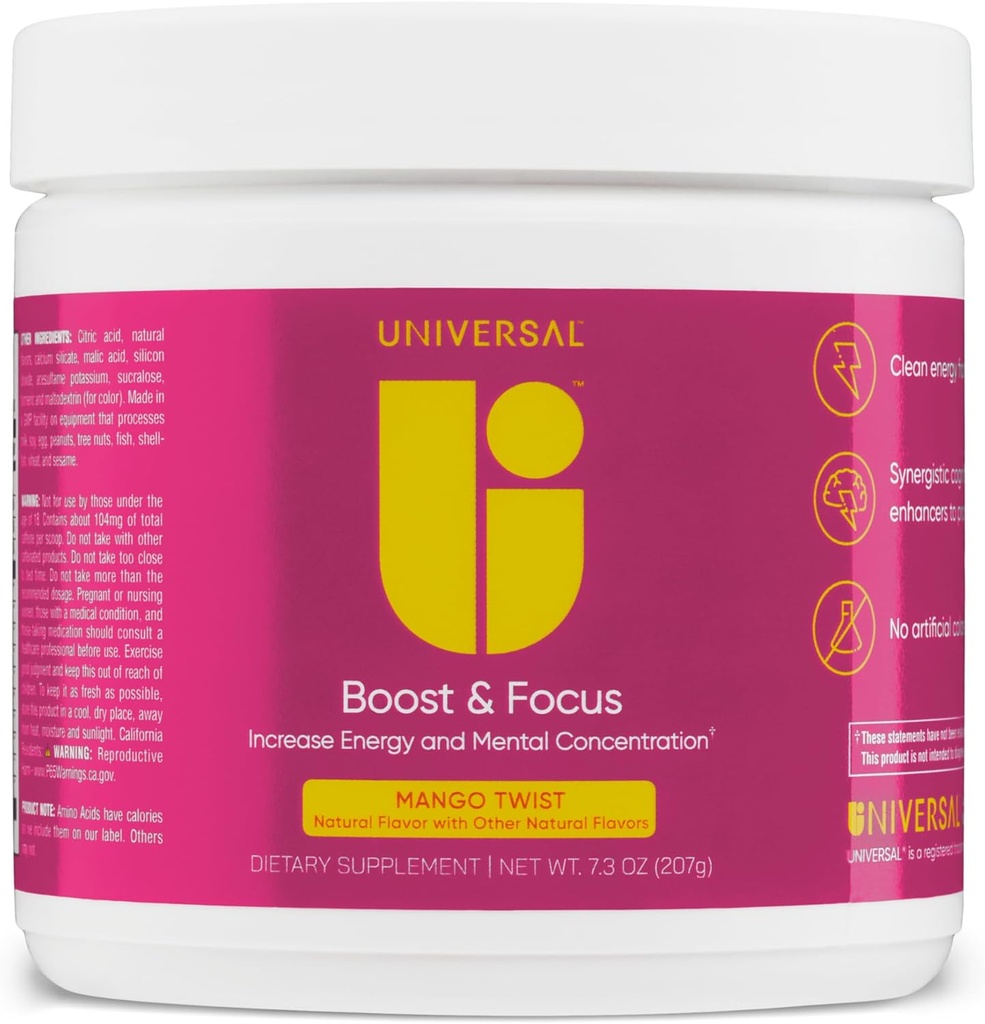 Global U Boost " Focus Powder, Increase Energy and Cognitive Performance, Pre Workout, Custom Dosing, VIT B12, Niacin, Choline, L-Tyrosine, No Artificial Flavors, 30 Servings (Mango Twist)
